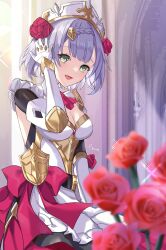 Rule 34 | 1girl, :d, apron, armor, armored dress, boobplate, braid, breastplate, breasts, cleavage, commentary request, cowboy shot, flower, genshin impact, green eyes, grey hair, hair flower, hair ornament, hat, highres, kusunokinawate, looking at viewer, maid, maid apron, maid headdress, medium breasts, noelle (genshin impact), open mouth, red flower, red rose, rose, short hair, smile, solo, standing, waist apron, white apron