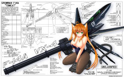 Rule 34 | 1girl, ahoge, animal ears, animal hands, arm cannon, blueprint (object), breasts, brown hair, brown pantyhose, cat ears, cat paws, cat tail, cleavage, english text, f-14, gatling gun, green eyes, gun, highres, kittysuit, kneeling, large breasts, leotard, long hair, mecha musume, nontraditional playboy bunny, on one knee, original, pantyhose, personification, playboy bunny, sidelocks, smile, solo, tail, text focus, twintails, weapon, wings, yae nagi