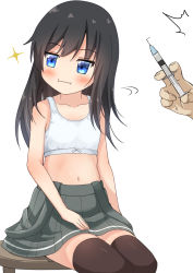 Rule 34 | 1boy, 1girl, :i, asashio (kancolle), black hair, black thighhighs, blue eyes, blush, bra, closed mouth, comiching, flat chest, grey skirt, highres, holding, kantai collection, long hair, navel, pleated skirt, simple background, sitting, skirt, sparkle, syringe, thighhighs, underwear, white background, white bra