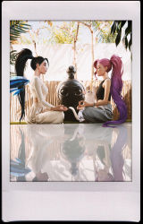 Rule 34 | 2girls, antenna hair, bao (league of legends), barefoot, black hair, bracelet, breasts, cat, commentary, crop top, english commentary, closed eyes, facial mark, facing another, faux traditional media, feet, high ponytail, highres, jewelry, k/da (league of legends), kai&#039;sa, league of legends, lips, long hair, long sleeves, lotus position, meditation, multiple girls, nose, official art, pants, pink hair, ponytail, reflection, reflective floor, seraphine (league of legends), sitting, small breasts, smirk, star (symbol), sweatpants, tank top, the baddest kai&#039;sa, toes, very long hair, white cat