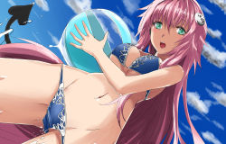 Rule 34 | 1girl, absurdres, ball, beachball, bikini, bikini pull, breasts, chikkinage nage, clothes pull, cloud, day, demon tail, from below, green eyes, highres, lala satalin deviluke, long hair, looking at viewer, medium breasts, pink hair, sky, solo, swimsuit, tail, to love-ru, very long hair
