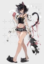 Rule 34 | 1girl, ahoge, animal ears, arutera, banned artist, bare legs, bare shoulders, black hair, black ribbon, blue eyes, blush, braid, breasts, camisole, cat ears, cat girl, cat tail, cleavage, closed mouth, coffee mug, cup, full body, grey background, grey shorts, hair between eyes, hair ornament, hairclip, highres, holding, holding cup, holding stuffed toy, jacket, long hair, long sleeves, looking at viewer, moon, moon phases, mug, navel, off shoulder, open clothes, open jacket, original, pink ribbon, ribbon, see-through, short shorts, shorts, slippers, small breasts, smile, solo, steam, stomach, stuffed animal, stuffed cat, stuffed toy, tail, tail ornament, tail ribbon, twin braids, walking, white jacket, x hair ornament