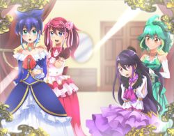 Rule 34 | 4girls, akatsu masato, alternate costume, blue bow, blue eyes, blue hair, bow, butterfly earrings, dress, earrings, elbow gloves, gloves, green hair, hand on another&#039;s shoulder, highres, hiiragi yuzu, jewelry, kurosaki ruri, looking at viewer, mirror, multiple girls, musical note earrings, necklace, open mouth, orange eyes, pink hair, pink neckwear, puffy short sleeves, puffy sleeves, purple eyes, purple hair, reflection, rin (yu-gi-oh!), ring, serena (yu-gi-oh!), short sleeves, siblings, sisters, sleeveless, smile, stage curtains, strapless, surprised, yu-gi-oh!, yu-gi-oh! arc-v