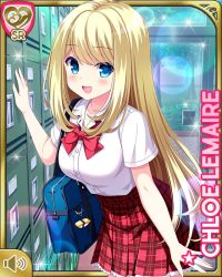 Rule 34 | 1girl, blonde hair, blue eyes, bow, card, character name, chloe lemaire, day, girlfriend (kari), indoors, long hair, official art, open mouth, plaid, plaid skirt, qp:flapper, rain, red bow, red neckwear, red skirt, school, school uniform, shirt, skirt, smile, solo, tagme, white shirt