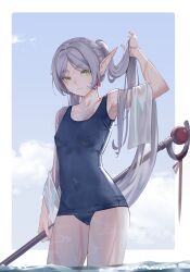 Rule 34 | 1girl, armpits, blue one-piece swimsuit, border, covered erect nipples, drop earrings, earrings, elf, expressionless, frieren, highres, holding, holding staff, jewelry, legs apart, long hair, looking at viewer, mage staff, nonh (wormoftank), one-piece swimsuit, outside border, parted bangs, pointy ears, school swimsuit, solo, sousou no frieren, staff, standing, swimsuit, twintails, white border
