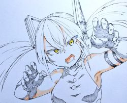 Rule 34 | 1girl, armpits, bare shoulders, black gloves, breasts, claw pose, destroyer (girls&#039; frontline), dress, fang, girls&#039; frontline, gloves, long hair, medium breasts, myon2, open mouth, sangvis ferri, skindentation, sleeveless, sleeveless dress, solo, traditional media, twintails, very long hair, white hair, yellow eyes