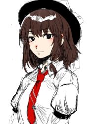 Rule 34 | 1girl, black hat, bow, breasts, brown hair, closed mouth, collared shirt, commentary request, fedora, happy, hat, hat bow, highres, juliet sleeves, kuya (hey36253625), long sleeves, looking at viewer, necktie, puffy sleeves, red necktie, shirt, simple background, sketch, sleeve garter, small breasts, smile, touhou, upper body, usami renko, white bow, white shirt