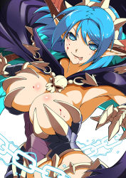 Rule 34 | 1girl, blood, blood on breasts, blood on face, blue eyes, blue hair, breasts, cape, chain, cleavage, fang, gauntlets, grida (p&amp;d), hairband, highres, horns, jewelry, large breasts, matching hair/eyes, miyabi (miura105), navel, necklace, pointy ears, puzzle &amp; dragons, short hair, simple background, skull, smile, solo, tongue, tongue out, white background