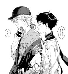 Rule 34 | 2boys, baseball cap, closed mouth, facing to the side, hat, himo (himodayoo), ikari shinji, jacket, leather, leather jacket, long sleeves, looking at another, male focus, monochrome, multiple boys, nagisa kaworu, neon genesis evangelion, scarf, shirt, speech bubble, translation request