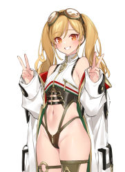 Rule 34 | 1girl, azur lane, bare shoulders, belt buckle, blonde hair, breast zipper, breasts, brown panties, buckle, coat, collared shirt, commentary request, cowboy shot, crop top, crotch zipper, double v, eyewear on head, goggles, goggles on head, highleg, highleg panties, leonardo da vinci (azur lane), long hair, looking at viewer, navel, no pants, off shoulder, open clothes, open coat, panties, popqn, shirt, simple background, sleeveless, sleeveless shirt, small breasts, solo, standing, stomach, string panties, thighs, twintails, underwear, v, white background, white coat, white shirt, zipper