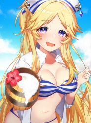 Rule 34 | 1girl, :d, absurdres, beer mug, bikini, blonde hair, blue sky, blush, breasts, cleavage, cloud, commentary request, cup, day, drooling, flower, hands up, highres, holding, holding cup, horizon, ken pyatsu, long hair, looking at viewer, medium breasts, mouth drool, mug, navel, ocean, open clothes, open mouth, open shirt, outdoors, parted bangs, pointy ears, princess connect!, purple eyes, red flower, shirt, short sleeves, sky, smile, solo, striped bikini, striped clothes, swimsuit, very long hair, water, white headwear, white shirt, yukari (princess connect!), yukari (summer) (princess connect!)