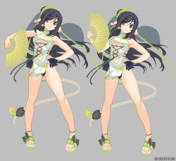 Rule 34 | 1girl, amazuyu tatsuki, animal ears, aquaplus, bare arms, bare legs, bare shoulders, black hair, black panties, breasts, brown eyes, cat tail, cleavage, cleavage cutout, closed mouth, clothing cutout, concept art, eyes visible through hair, feet, full body, fur, hair between eyes, hair ornament, hair over one eye, hand fan, hand on own hip, head tilt, holding, holding fan, holding weapon, kuon (utawarerumono), kuon waves-enticing fan, long hair, looking to the side, medium breasts, midriff, midriff peek, official art, panties, pantyshot, ponytail, raised eyebrows, sandals, sideboob, sidelocks, sleeveless, smile, solo, spread legs, swept bangs, swimsuit, tail, tail ornament, toned, underboob, underwear, utawarerumono, utawarerumono: itsuwari no kamen, utawarerumono: lost flag, veil, very long hair, weapon, white tail