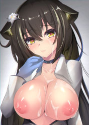 Rule 34 | 1girl, animal ear fluff, animal ears, arknights, bear ears, black choker, blonde hair, blouse, blue gloves, blush, breasts, brown hair, choker, closed mouth, collarbone, commentary, cum, cum on body, cum on breasts, cum on upper body, facial, flower, folinic (arknights), gloves, gradient background, gradient hair, grey background, hair flower, hair ornament, heart, heart-shaped pupils, highres, infection monitor (arknights), large breasts, long hair, looking at viewer, multicolored hair, nipples, open clothes, open shirt, shirt, simple background, smile, solo, straight hair, streaked hair, symbol-shaped pupils, tamano nae, two-tone hair, upper body, white shirt, yellow eyes