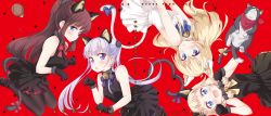 Rule 34 | absurdres, animal ears, bell, black dress, black footwear, blonde hair, blue eyes, blush, brown hair, cat, cat ears, cat tail, copyright name, dress, fang, high ponytail, highres, light purple hair, long hair, looking at viewer, mary janes, new game!, non-web source, official art, pantyhose, paw pose, paw print, purple eyes, red background, ribbon, sakura nene, scarf, shoes, simple background, sleeveless, sleeveless dress, suzukaze aoba, tail, tail ornament, tail ribbon, takimoto hifumi, tokunou shoutarou, twintails, white dress, yagami kou
