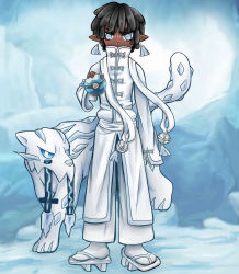 Rule 34 | ambiguous gender, androgynous, bell, black hair, blue eyes, bridge piercing, cat, cave, chien-pao, clog sandals, coat, cold, covered mouth, creatures (company), dark skin, dive ball, dreadlocks, earrings, fangs, game freak, glaring, hakama, highres, ice, jacket, japanese clothes, jewelry, leopard, looking at viewer, nintendo, nose piercing, nose ring, original, painting (medium), piercing, pointy ears, poke ball, pokemon, pokemon (creature), pov, robe, sabertooth cat, scarf, self-upload, short hair, sideways glance, snow, snow leopard, socks, sword, tail, tassel, tassel earrings, traditional clothes, traditional media, water, weapon, white footwear