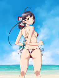 Rule 34 | 1girl, ahoge, ass, beach, bikini, black hair, blue sky, butt crack, cloud, commentary request, cowboy shot, day, dimples of venus, from behind, fujinami (kancolle), hair ribbon, horizon, kantai collection, long hair, multicolored bikini, multicolored clothes, ocean, outdoors, ribbon, sameha ikuya, side-tie bikini bottom, side ponytail, sky, smile, solo, swimsuit, yellow eyes