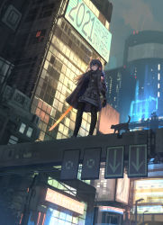 Rule 34 | 1girl, animal ears, arknights, arrow (symbol), black gloves, black hair, black pantyhose, building, cat, cigarette, city, cityscape, commentary, franlol, from below, gloves, highres, jacket, long hair, long sleeves, looking at viewer, outdoors, pantyhose, scenery, smoking, standing, texas (arknights), wolf ears