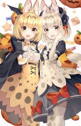 Rule 34 | 2girls, :d, absurdres, adapted costume, animal ear fluff, animal ears, animal ears (norankkori), bat wings, black cape, blonde hair, bow, bowtie, candy, cape, center frills, checkerboard cookie, commentary, cookie, elbow gloves, extra ears, fang, food, frills, gloves, halloween, head wings, headdress, highres, jack-o&#039;-lantern, kemono friends, looking at viewer, multiple girls, open mouth, print bow, print legwear, print neckwear, print skirt, puffy short sleeves, puffy sleeves, red bow, serval (kemono friends), serval print, shirt, short hair, short sleeves, simple background, skin fang, skirt, smile, tail, thighhighs, traditional bowtie, white background, white serval (kemono friends), white shirt, wings, yellow eyes