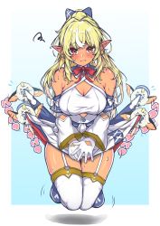 Rule 34 | 1girl, absurdres, bare shoulders, blonde hair, blush, bow, breasts, cleavage, clothes lift, covering crotch, covering privates, criss-cross halter, cutout above navel, dark-skinned female, dark skin, detached collar, elf, elfriend (shiranui flare), embarrassed, garter straps, hair bow, halterneck, high ponytail, highres, hololive, large breasts, lifting another&#039;s clothes, lix e333, long hair, multicolored hair, orange eyes, pointy ears, shiranui flare, shiranui flare (1st costume), skirt, skirt lift, skirt tug, solo focus, streaked hair, sweat, thighhighs, two-tone dress, virtual youtuber, white garter straps, white skirt, white thighhighs