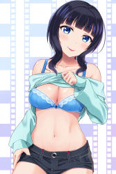 Rule 34 | 10s, 1girl, asaka karin, black hair, black shorts, blue bra, blue eyes, blush, bra, breasts, cleavage, clothes lift, commentary request, hand on own hip, highres, lifted by self, looking at viewer, love live!, love live! nijigasaki high school idol club, love live! school idol project, medium breasts, midriff, mobukichi, navel, shirt lift, short hair, short shorts, shorts, simple background, smile, solo, underwear