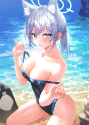 Rule 34 | 1girl, absurdres, animal ear fluff, animal ears, bare shoulders, beach, black one-piece swimsuit, blue archive, blue eyes, blush, breasts, cleavage, collarbone, competition swimsuit, condom, condom wrapper, covered navel, cross hair ornament, extra ears, grey hair, hair ornament, halo, highres, large breasts, looking at viewer, medium hair, mismatched pupils, multicolored clothes, ocean, official alternate costume, one-piece swimsuit, ponytail, shiroko (blue archive), shiroko (swimsuit) (blue archive), solo, starfish, strap pull, swimsuit, togami (tobysou526), wet