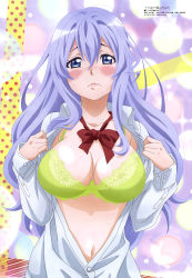 Rule 34 | 1girl, absurdres, blue eyes, blush, bra, breasts, cleavage, closed mouth, collarbone, collared shirt, dogeza de tanondemita, embarrassed, green bra, hair between eyes, highres, lace, lace-trimmed bra, lace trim, large breasts, lips, long hair, long sleeves, looking at viewer, megami magazine, navel, official art, open clothes, open shirt, purple hair, red neckwear, school uniform, shirt, sidelocks, solo, tanigawa ryousuke, toyofusa urara, underwear, undressing, upper body, wavy mouth, white shirt