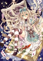 Rule 34 | 1girl, :o, alice (alice in wonderland), alice in wonderland, black bow, black bowtie, black footwear, blonde hair, blue bow, blue dress, blush, bow, bowtie, card, clock, corset, cup, dress, floating hair, flower, frilled dress, frills, full body, green eyes, hair bow, heart, long hair, looking at viewer, mary janes, nozomi fuuten, original, over-kneehighs, petals, playing card, puffy short sleeves, puffy sleeves, rose, shoes, short dress, short sleeves, sidelocks, solo, spill, star (symbol), striped clothes, striped thighhighs, teacup, thighhighs, white flower, white rose, wrist cuffs