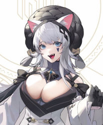 Rule 34 | 1girl, animal ear fluff, animal ears, bare shoulders, black gloves, black hat, blue eyes, blue gemstone, character request, copyright request, covered erect nipples, cropped, facial mark, fangs, fangs out, gem, gloves, grey hair, half gloves, hat, heart, heart facial mark, long hair, open mouth, solo, tassel, teeth, tongue, upper body, yeyuanqianqianqian