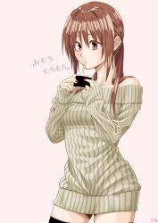 Rule 34 | 04sora40, 1girl, absurdres, black thighhighs, brown hair, cowboy shot, eating, hands up, highres, long hair, long sleeves, nail polish, original, red nails, ribbed sweater, simple background, solo, standing, sweater, thighhighs
