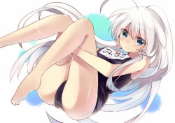Rule 34 | 1girl, ahoge, anceril sacred, bad id, bad pixiv id, bare legs, bare shoulders, barefoot, blue eyes, blush, hugging own legs, long hair, looking at viewer, mishima kurone, one-piece swimsuit, original, own hands together, ponytail, school swimsuit, silver hair, smile, solo, swimsuit