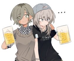 Rule 34 | ..., 2girls, alcohol, beer, beer mug, black shirt, blush, closed mouth, collared shirt, commentary, cup, dotty-44, earrings, girls band cry, grey hair, grey sweater vest, hair between eyes, hand on another&#039;s shoulder, highres, holding, holding cup, jewelry, kawaragi momoka, long hair, long hair between eyes, mole, mole under eye, mug, multicolored hair, multiple girls, plaid, plaid shirt, roots (hair), rupa (girls band cry), shirt, short hair, short sleeves, simple background, smile, sweater vest, symbol-only commentary, white background, white shirt, yellow eyes