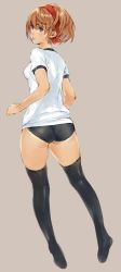 Rule 34 | 1girl, absurdres, ass, back, black thighhighs, blue eyes, breasts, brown hair, buruma, from behind, full body, grey background, gym uniform, highres, looking at viewer, looking back, makimura shunsuke, original, short hair, simple background, small breasts, solo, thighhighs