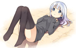 Rule 34 | 1girl, ass, black sweater, blue eyes, blush, breasts, brown thighhighs, commentary request, full body, hands up, hatsunatsu, long hair, long sleeves, lying, medium breasts, no shoes, on back, original, parted lips, silver hair, sleeves past wrists, solo, sweater, thighhighs, tile floor, tiles, turtleneck, turtleneck sweater, watermark, web address