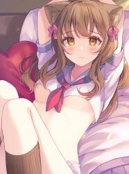 Rule 34 | 1girl, animal ears, arms behind head, arms up, black socks, blush, bow, breasts, brown hair, cat ears, closed mouth, collarbone, hair bow, heart, heart-shaped pillow, highres, lace, lace-trimmed panties, lace trim, looking at viewer, lying, medium hair, miyanome, neckerchief, on back, on bed, original, panties, pillow, pink bow, red neckerchief, school uniform, serafuku, shirt, sidelocks, socks, solo, underboob, underwear, white serafuku, white shirt, yellow eyes