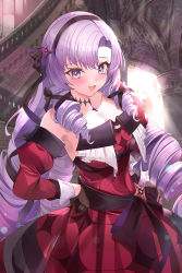 Rule 34 | 1girl, :d, black gloves, black hairband, black ribbon, breasts, chest tattoo, cleavage, detached sleeves, dress, drill hair, furrowed brow, gloves, hair ornament, hair ribbon, hairband, hands on own hips, hyakumantenbara salome, hyakumantenbara salome (1st costume), juliet sleeves, long hair, long sleeves, looking at viewer, medium breasts, mujinbensin, nijisanji, open mouth, puffy sleeves, purple hair, red dress, ribbon, smile, solo, sparkle, stairs, strapless, strapless dress, symbol in eye, tattoo, very long hair, virtual youtuber