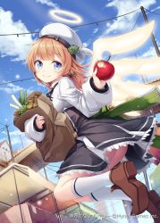 Rule 34 | 1girl, akkijin, angel, angel wings, apple, ass, bag, blue eyes, blue sky, brown hair, cloud, day, feathers, food, fruit, green ribbon, halo, hat, hat feather, jumping, market, official art, outdoors, paper bag, ribbon, shinkai no valkyrie, shoe soles, shoes, sky, socks, wings