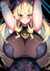 Rule 34 | 1girl, absurdres, armpits, arms up, barghest (fate), barghest (second ascension) (fate), blonde hair, blue eyes, blush, breasts, chain, chained, covered erect nipples, fate/grand order, fate (series), heterochromia, highres, huge breasts, imuzi, jewelry, long hair, pendant, red eyes, revision, sleeveless, solo