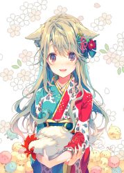 Rule 34 | 1girl, 2017, animal, animal ears, bird, blonde hair, blue kimono, blush, camellia, cherry blossoms, chick, chicken, chinese zodiac, commentary request, floral background, flower, hair flower, hair ornament, holding, holding animal, japanese clothes, kimono, leaf print, long hair, multicolored clothes, multicolored kimono, new year, obi, open mouth, original, red eyes, red flower, red kimono, reia, rooster, sash, solo, year of the rooster