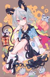 Rule 34 | 1girl, :/, absurdres, ahoge, animal ears, artist name, black cape, black footwear, black skirt, bloomers, blue capelet, blush, buttons, cape, capelet, cheese, closed mouth, commentary, demon wings, dowsing rod, food, full body, grey hair, hair between eyes, highres, holding, holding with tail, jack-o&#039;-lantern, jewelry, lantern, long sleeves, looking at viewer, mary janes, medium hair, mouse (animal), mouse ears, mouse girl, mouse tail, nazrin, pendant, prehensile tail, red eyes, shirt, shoes, skirt, socks, solo, tail, touhou, umemaro (siona0908), underwear, white bloomers, white shirt, white socks, wings