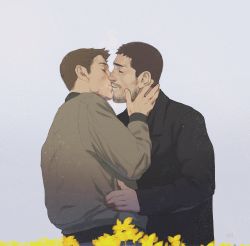 Rule 34 | 2boys, absurdres, black hair, black jacket, brown hair, brown jacket, chris redfield, closed eyes, facial hair, flower, hands on another&#039;s face, highres, jacket, kiss, male focus, multiple boys, philipposole, piers nivans, resident evil, resident evil 6, resident evil village, short hair, sideburns, simple background, upper body, yaoi, yellow flower