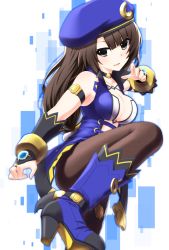 Rule 34 | 10s, 1girl, bare shoulders, black eyes, breasts, brown hair, c-sha, cleavage, fighting stance, hat, highres, long hair, looking at viewer, mizunashi (second run), neptune (series), pantyhose, shin jigen game neptune vii, simple background, smile, solo