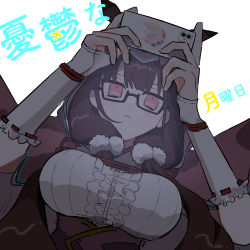 Rule 34 | 1girl, arms up, blouse, blunt bangs, cellphone, center frills, cloak, closed mouth, constricted pupils, dutch angle, elbow gloves, expressionless, fate (series), fingerless gloves, floating clothes, frilled shirt, frills, from above, from below, frown, glasses, gloves, glowing, hair ornament, hikikomori, holding, holding phone, hood, hood up, junkin18, light blush, long hair, looking at phone, low twintails, osakabehime (fate), phone, pink eyes, pom pom (clothes), pom pom hair ornament, purple cloak, purple hair, shirt, simple background, sleeveless, sleeveless shirt, smartphone, solo, staring, translated, twintails, underbust, upper body, very long hair, white background, white gloves, white shirt