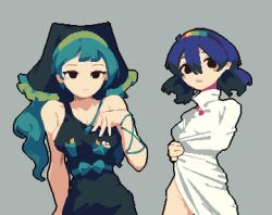 Rule 34 | 2girls, 4qw5, apron, bare shoulders, black eyes, blue hair, blush, breasts, cape, capelet, collared cape, expressionless, frilled headwear, green apron, green hair, green headwear, green ribbon, grey background, hair between eyes, hair ornament, hand on own chest, haniyasushin keiki, large breasts, long hair, medium hair, multiple girls, naked apron, naked cape, pixel art, pom pom (clothes), rainbow hair ornament, rainbow print, ribbon, simple background, tenkyuu chimata, touhou, white capelet