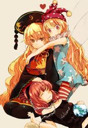 Rule 34 | 3girls, american flag dress, armpit peek, atoki, black dress, blonde hair, brown eyes, chain, chinese clothes, closed eyes, clothes writing, clownpiece, collar, commentary request, dress, earth (planet), hand on head, hat, headpat, heart, hecatia lapislazuli, hug, hug from behind, jester cap, junko (touhou), lap pillow, long hair, long sleeves, lying, moon, multiple girls, on lap, open mouth, pantyhose, planet, print dress, red eyes, red hair, simple background, sleeping, sleeveless, sleeveless dress, tabard, touhou, very long hair, wide sleeves