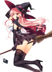 Rule 34 | 1girl, boots, breasts, broom, broom riding, cape, cover image, elbow gloves, gin no cross to draculea, gloves, hair ribbon, hand on headwear, hat, hat ribbon, high heels, long hair, pink hair, red eyes, ribbon, rushella dam draculea, shoes, simple background, solo, thigh boots, thighhighs, white background, witch, witch hat, yasaka minato