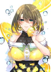 Rule 34 | 1girl, air bubble, bad id, bad pixiv id, bare shoulders, black skirt, blush, breasts, brown hair, bubble, closed mouth, commentary request, earrings, fingernails, food, fruit, green eyes, hair between eyes, holding, holding food, jewelry, large breasts, lemon, lemon print, lemon slice, nail polish, off-shoulder shirt, off shoulder, original, print skirt, shikino yuki, shirt, short hair, simple background, skirt, smile, solo, upper body, white background, yellow nails, yellow shirt
