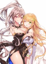 Rule 34 | 2girls, blonde hair, blush, breasts, brown hair, detached collar, detached sleeves, dress, elbow gloves, gauntlets, gloves, green eyes, hair between eyes, hair ornament, highres, hip armor, hug, large breasts, long hair, looking at viewer, multiple girls, novel illustration, official art, one eye closed, open mouth, original, pleated skirt, ponytail, profile, red eyes, skirt, smile, strapless, strapless dress, sukemyon, white background
