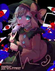 Rule 34 | 1girl, black hat, blood, blood on face, blouse, blue eyes, bow, buttons, diamond button, frilled shirt collar, frilled sleeves, frills, green hair, green skirt, hat, hat bow, hat ribbon, heart, highres, holding, holding knife, holding weapon, knife, komeiji koishi, mepibow2, open mouth, photo (object), ribbon, shirt, skirt, touhou, weapon, wide sleeves, yellow bow, yellow ribbon, yellow shirt
