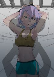 Rule 34 | 10s, 2girls, armpits, bdsm, bed, bike shorts, blush, bondage, bound, breasts, cameltoe, croix meridies, green eyes, groin, hat, highres, kiriko works, light purple hair, little witch academia, looking at viewer, medium breasts, midriff, multiple girls, parted lips, shadow, short hair, sweat, tank top, ursula callistis, witch hat, yuri