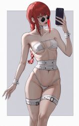 Rule 34 | 1girl, belly piercing, bellybutton piercing, bikini, border, braid, braided ponytail, breasts, cellphone, chainsaw man, choker, earrings, eyepatch bikini, feet out of frame, glasses, groin, highres, holding, holding phone, jewelry, lee kimsan, looking at viewer, makima (chainsaw man), medium breasts, mole, mole under eye, navel piercing, outside border, phone, piercing, pince-nez, red hair, smartphone, solo, swimsuit, thigh strap, white border, yellow eyes